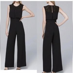 White House Black Market Lace Inset-Bodice Black Wide-Leg Jumpsuit Size 14P